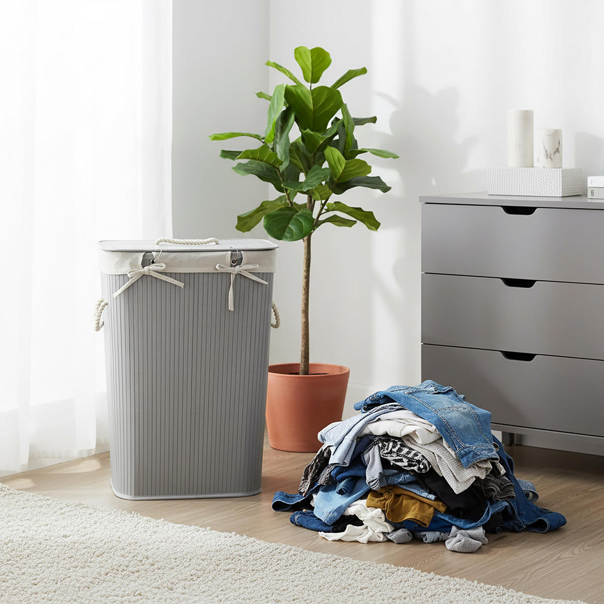 WÄSCHEKORB - Grau, Holz/Textil (40/60/30cm) - Relaxdays