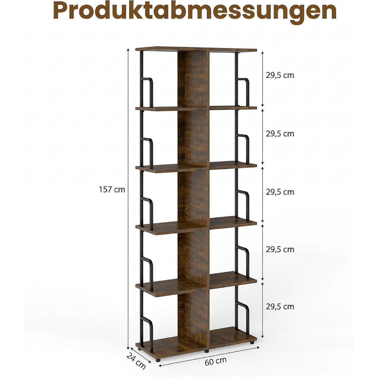 BÜCHERREGAL Industrial Style Braun/Schwarz 60 x 24 x 156.7 cm - Braun, Holzwerkstoff (60/156.7/24cm)