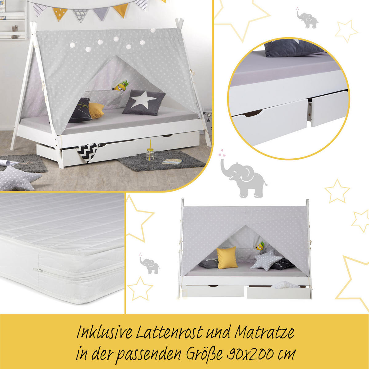KINDERBETT Tipibett 90/200 cm Weiß - Weiß, Holz (208/153/121cm) - Homestyle4u