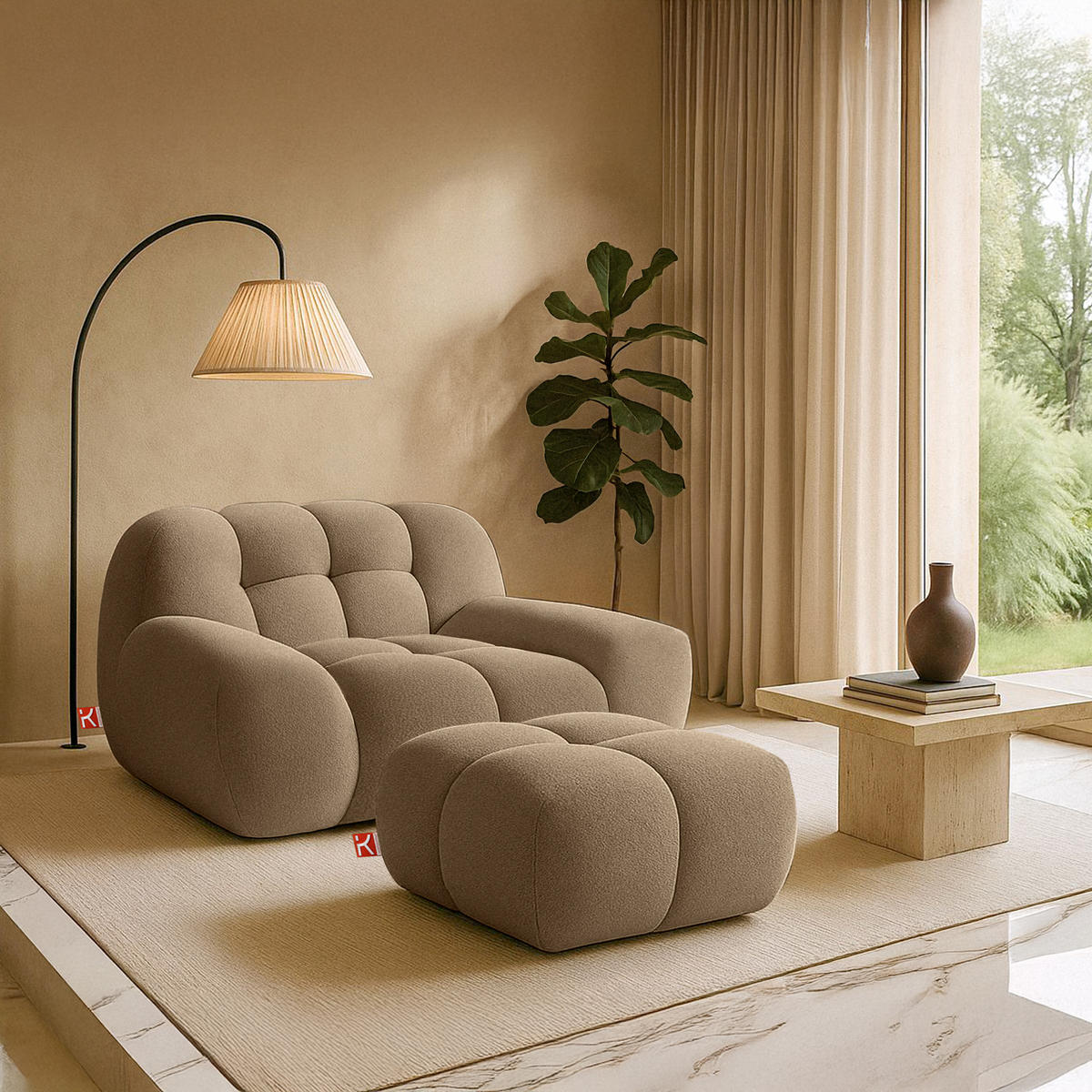 POUF VENA Bouclé, Beige - Sandfarben, Holz/Textil (65/38/65cm) - KONSIMO®