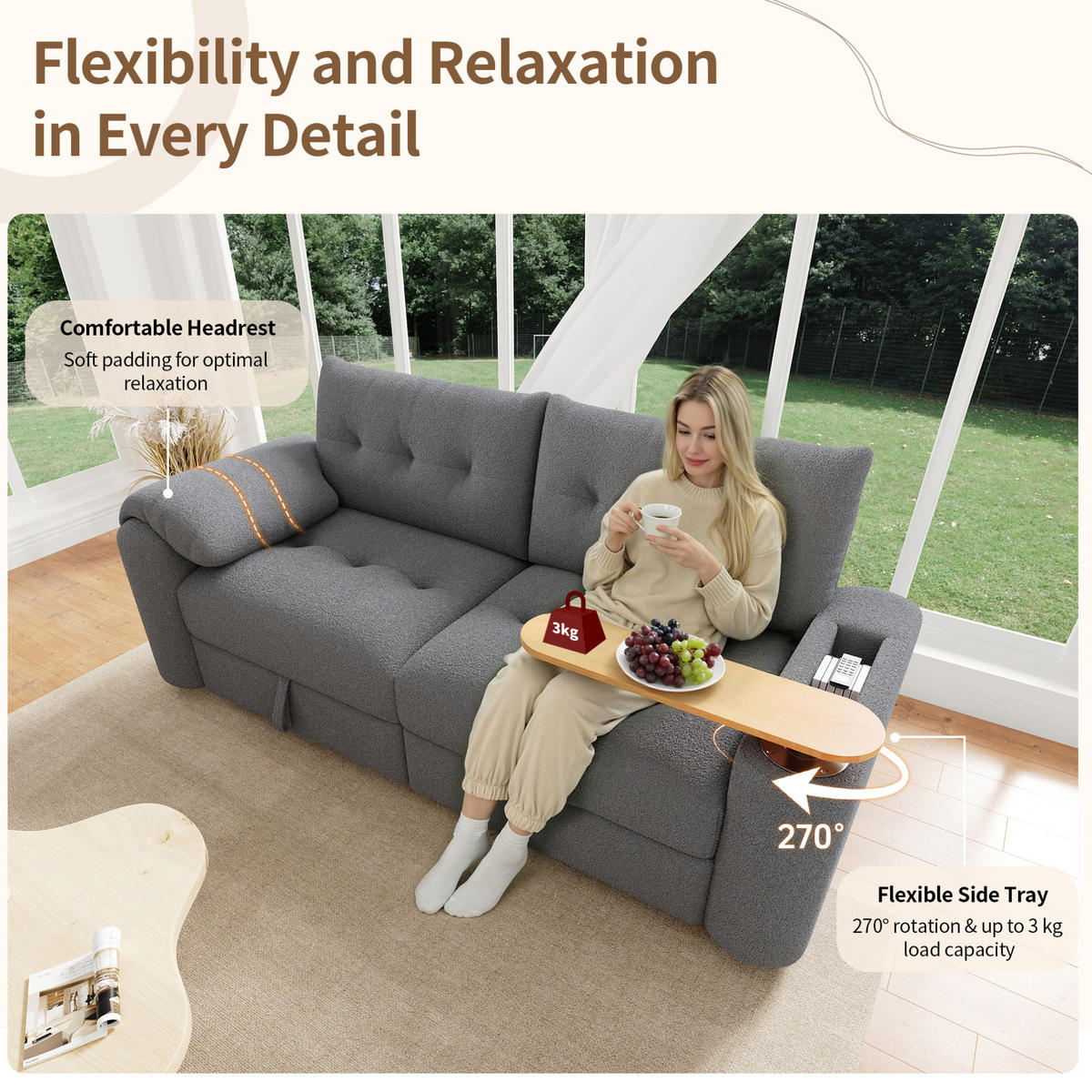 SOFA modular mit Stauraum 207,5 x 80 x 87 cm Teddy Grau 2-Sitzer - Grau, Textil (207.5/87/80cm) - IVMEU