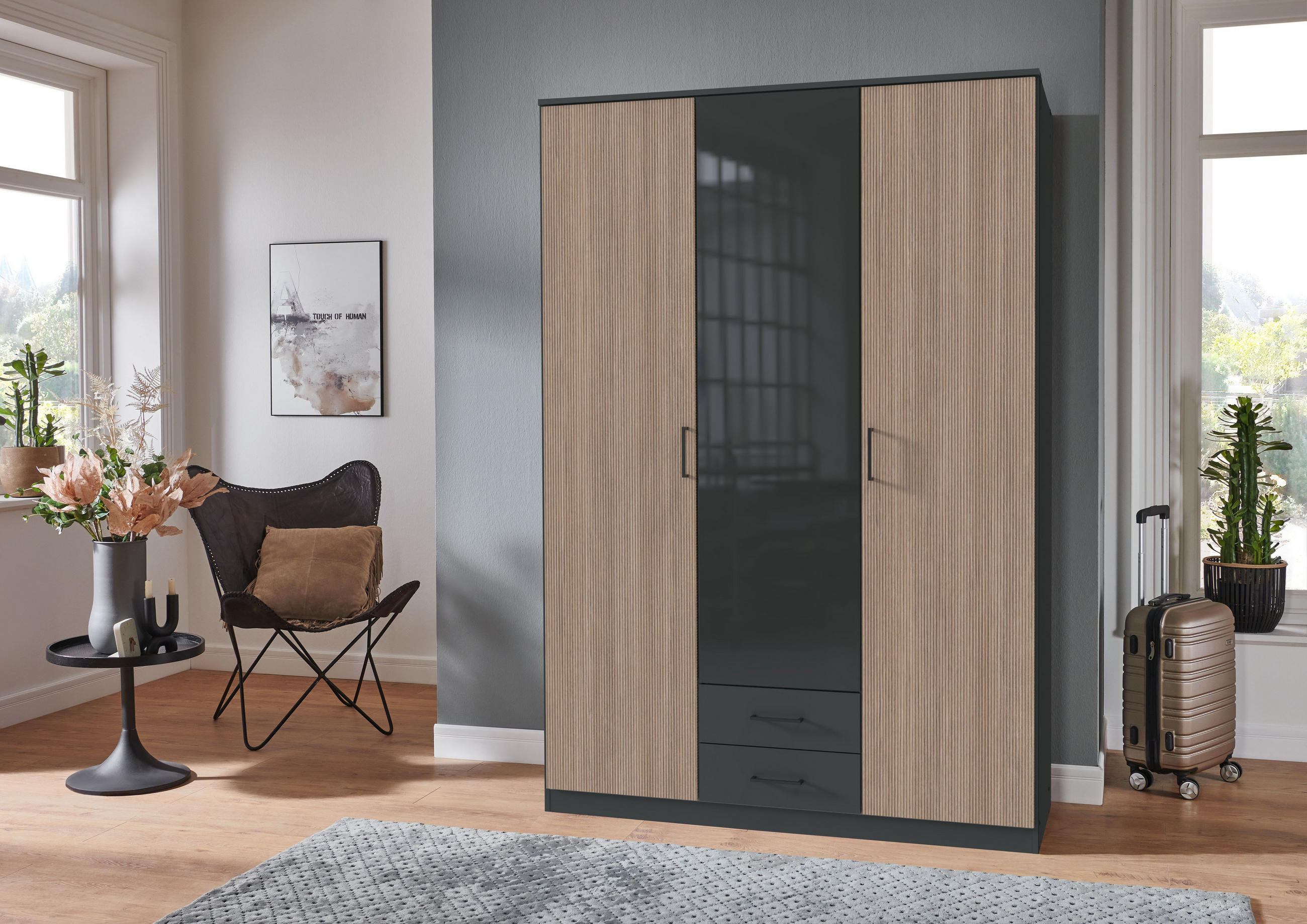 KLEIDERSCHRANK Fulda in Grafit und Multiplex 135x199x58 cm (BxHxT) – Drehtürenschrank 3 türig mit Glasfront - Braun/Grau, Holzwerkstoff (120/200/80cm)