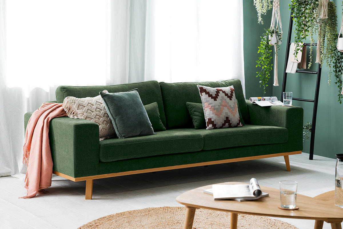 3-SITZER SOFA - Dunkelgrün/Buchefarben, Buchenholz/Textil (237/81/88cm) - home24