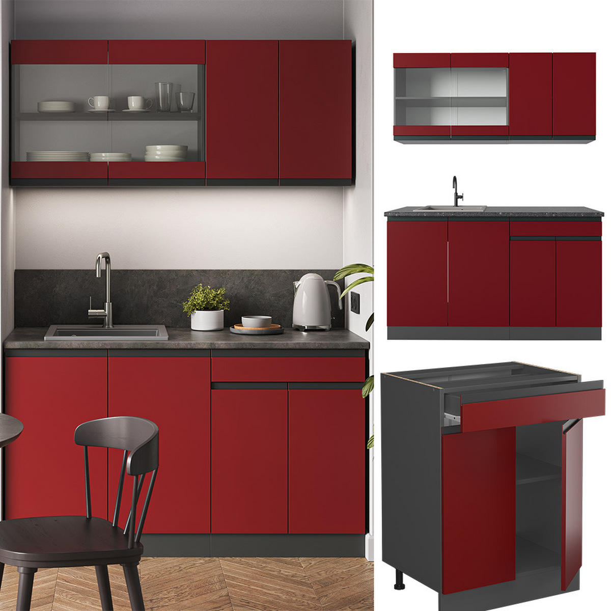 SINGLEKÜCHE R-Line Rot/Anthrazit 140 cm, AP Eiche - Rotbraun/Anthrazit, Holzwerkstoff (140/81.6/60cm) - Vicco