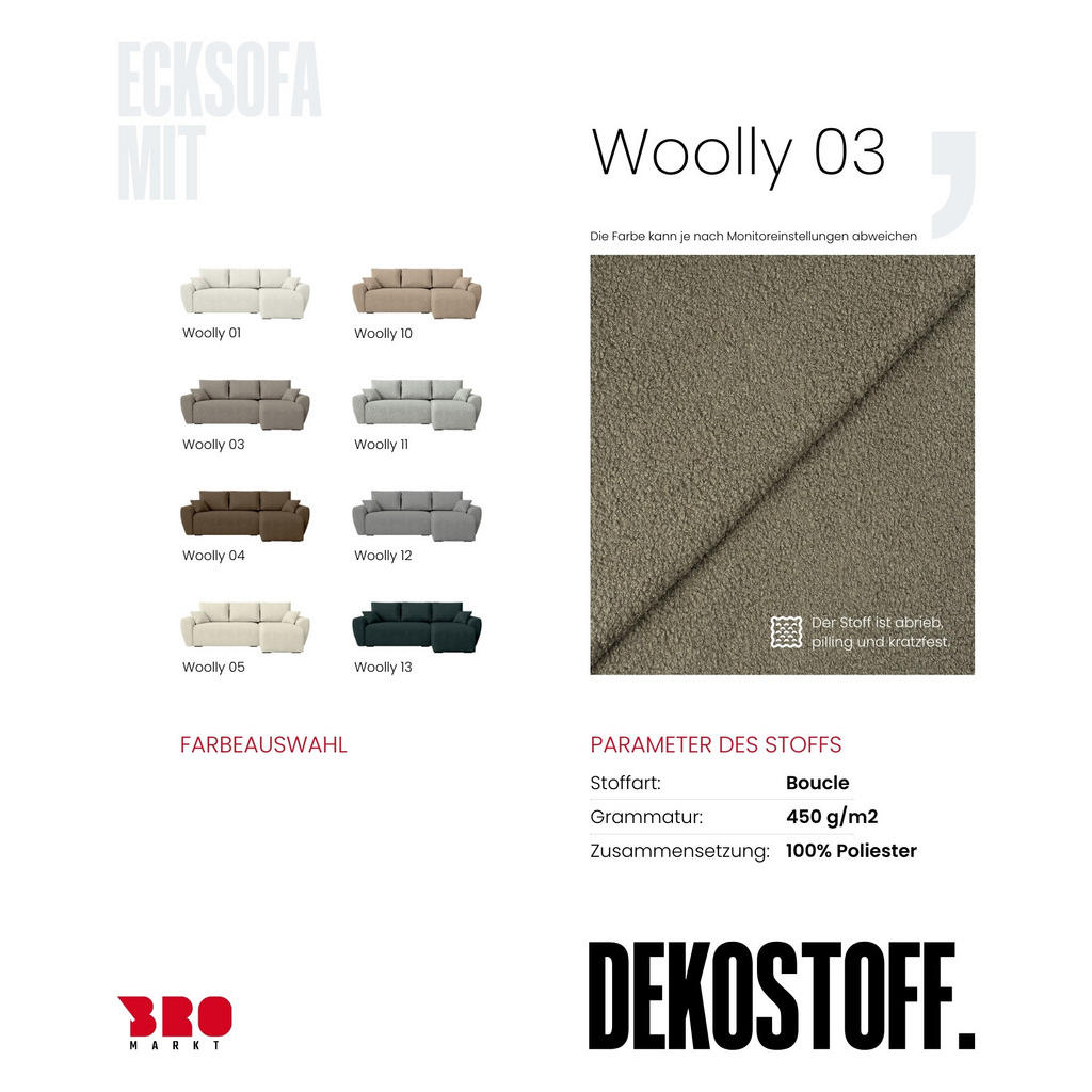 Thumbnail - Bromarkt Ecksofa, Graubraun, Textil, 3-Sitzer, Ottomane rechts, seitenverkehrt montierbar, L-Form,L-Form, 238x141 cm, Wo...