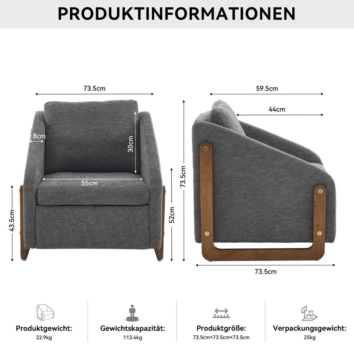 SESSEL 73,5/73,5/73,5 cm aus Chenille mit Holzarmlehnen in Grau - Grau, Textil (73.5/73.5/73.5cm) - BEAOK