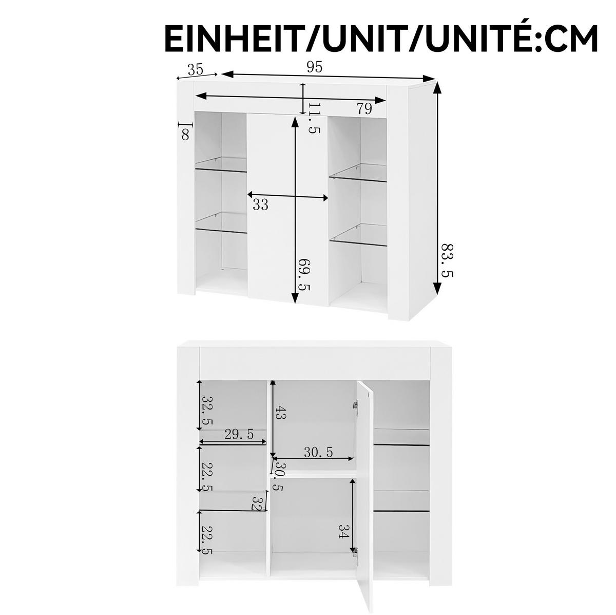 SIDEBOARD 95/35/83 cm in Weiß mit Hochglanz-Front & Glasregalen - Weiß, Holzwerkstoff (95/83/35cm) - BEAOK