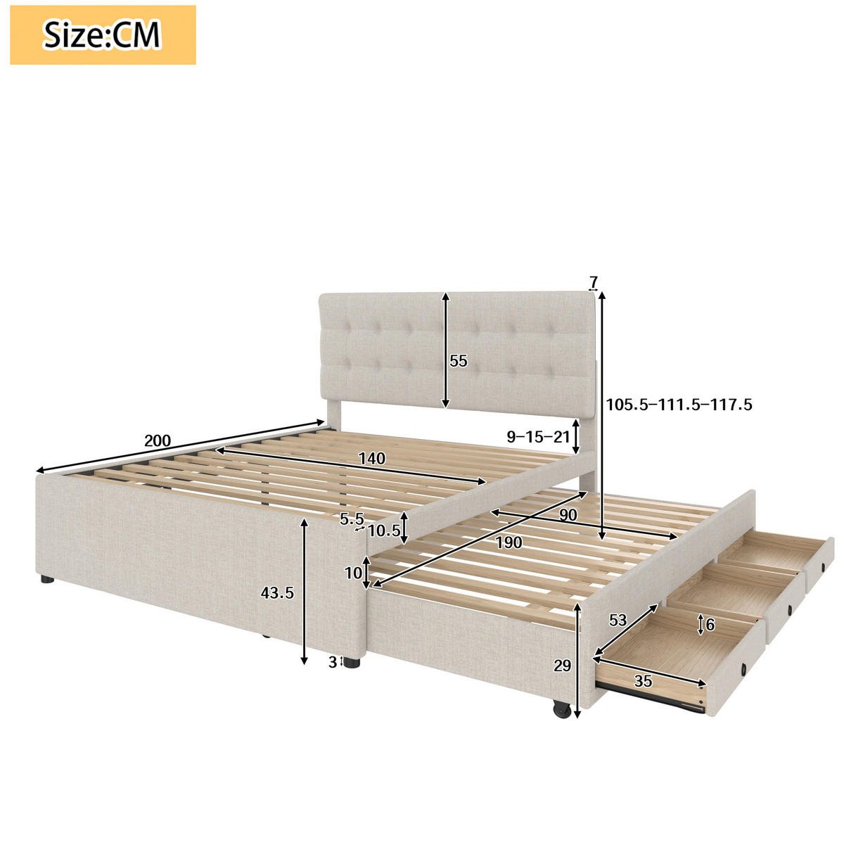 POLSTERBETT 140/200 cm aus Leinen mit ausziehbarem Bett, Beige - Beige, Textil (140/200cm) - OKMYHOME