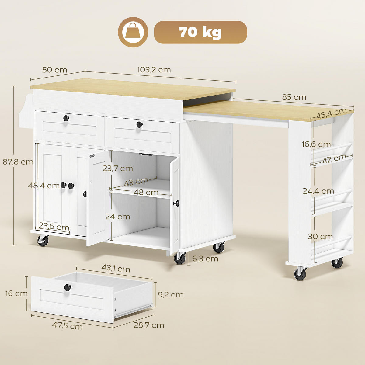KÜCHENINSEL DE-11333 Ausziehbarer Arbeitstisch mit 2 Schubladen Weiß - Weiß, Holzwerkstoff (127.2/87.8/50cm) - ComfortXL