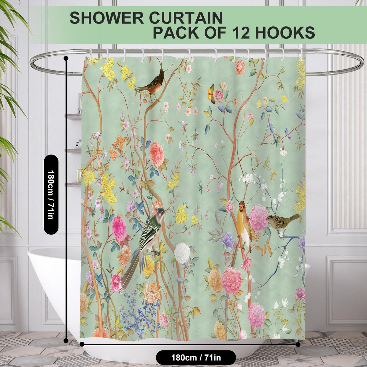 DUSCHVORHANG schimmelresistent 100% Polyester Badezimmer wasserdicht floral Landschaft mit Haken 180 x 180 cm - Grün, Textil (180/180cm) - MCBOSON