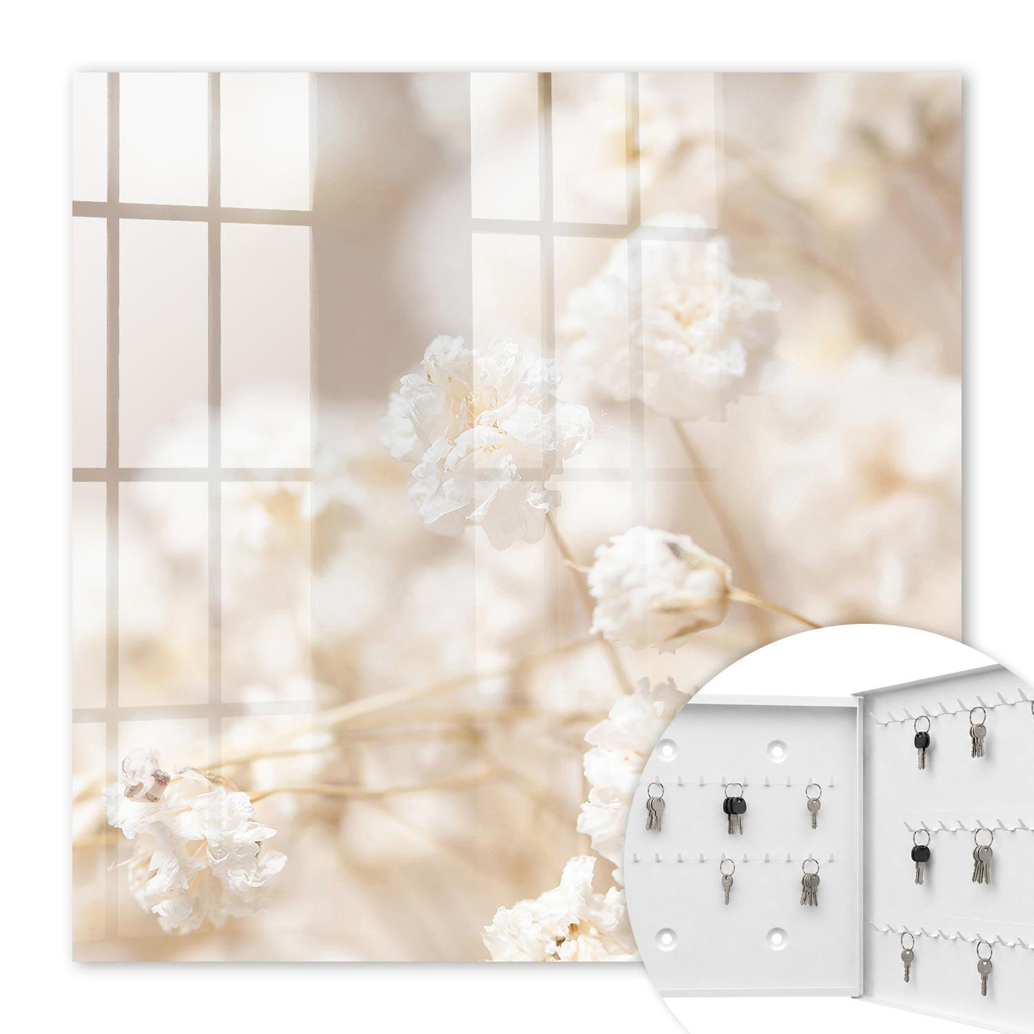 SCHLÜSSELBOX Weiß 30x30 cm – Türöffnung nach rechts - Leuchtende Blumen - Beige, Metall (30/30/5cm) - TULUP
