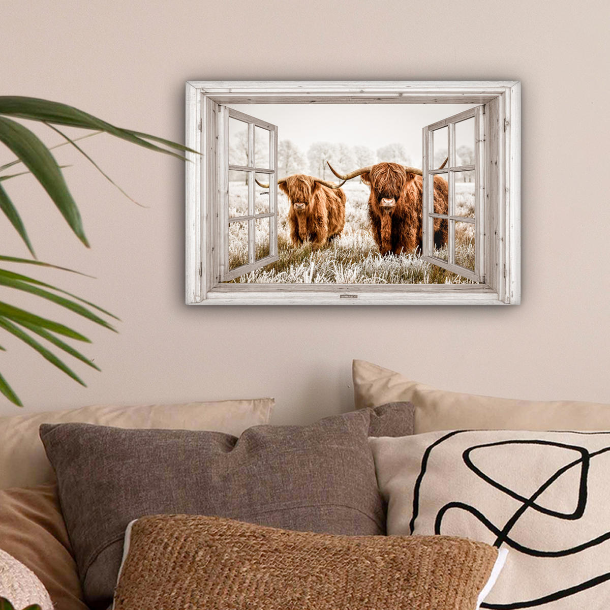 LEINWANDBILD Durchblick - Schottische Highlander - Tiere Deko Schlafzimmer 30x20 cm - Hellbraun, Textil (30/20cm) - MuchoWow