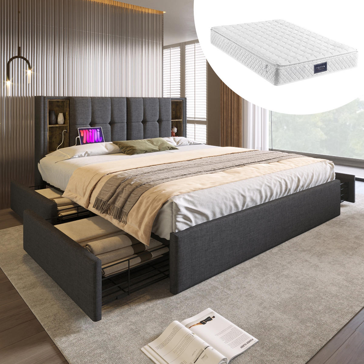 POLSTERBETT 160/200 cm in Grau Leinen mit 4 Schubladen, Kabellosem Laden, USB und Type-C - Grau, Holzwerkstoff/Textil (160/200cm) - STILVORA