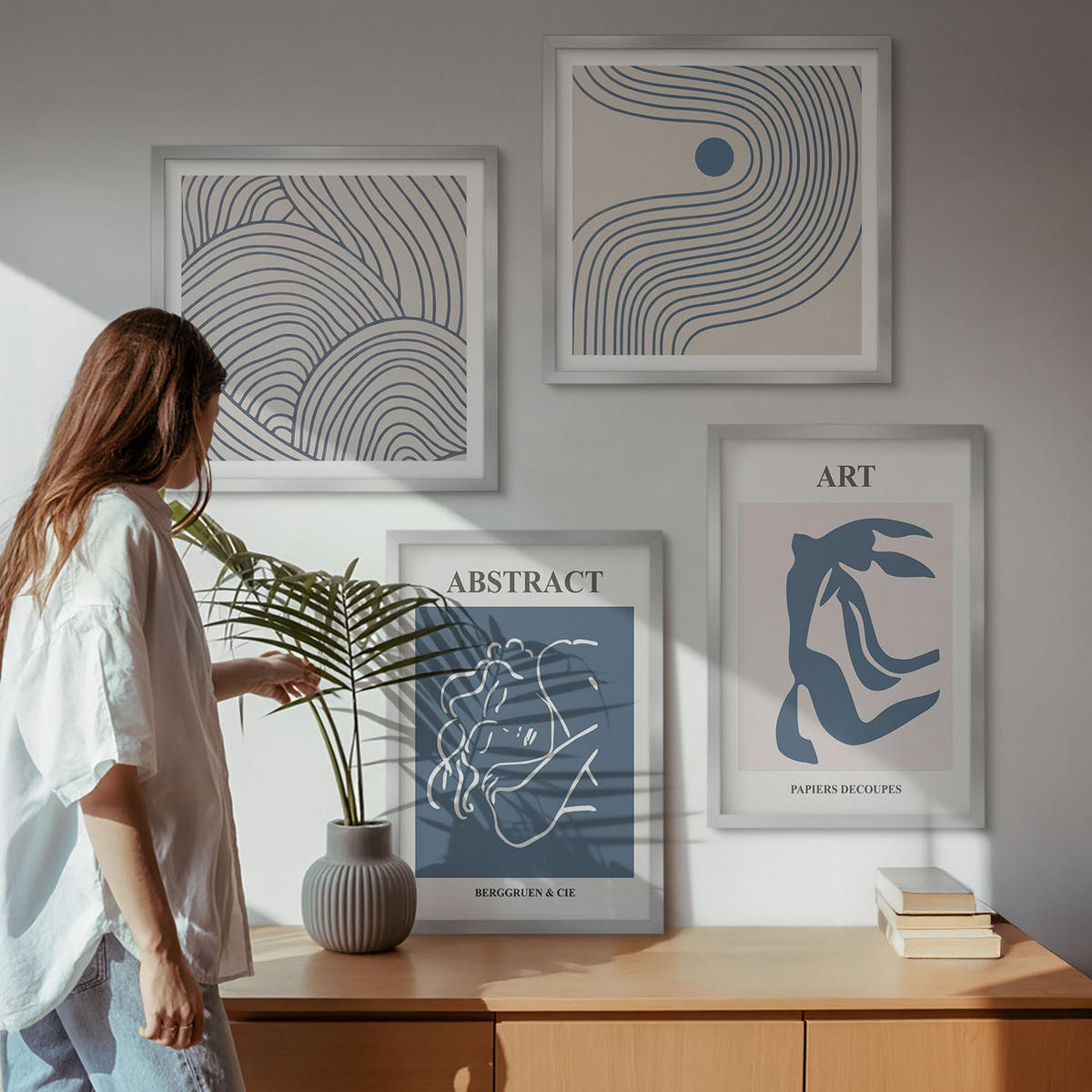 BILDER SET 4er Set - 50x50 cm & 40x60 cm Silberner Rahmen - Poster mit abstrakten Linien und Wellen - Silberfarben, Kunststoff (50/50cm) - TULUP