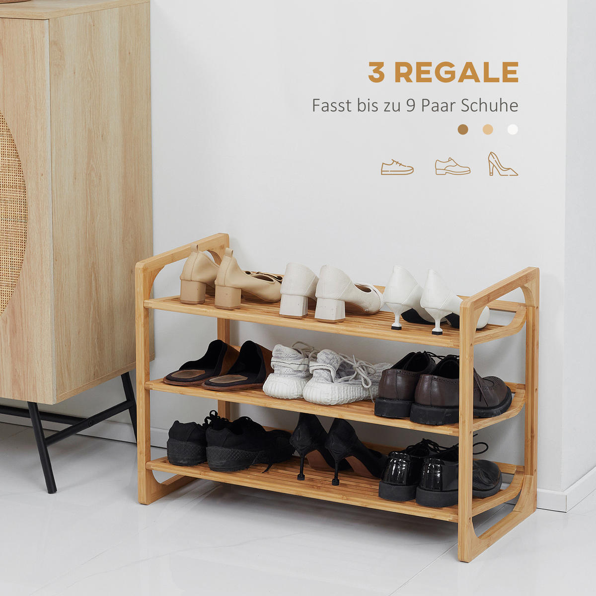 SCHUHREGAL mit 3 Ebenen, Schuhständer, Schuhablage für max. 9 Paar Schuhe - Naturfarben, Metall (33/51/76cm) - HOMCOM