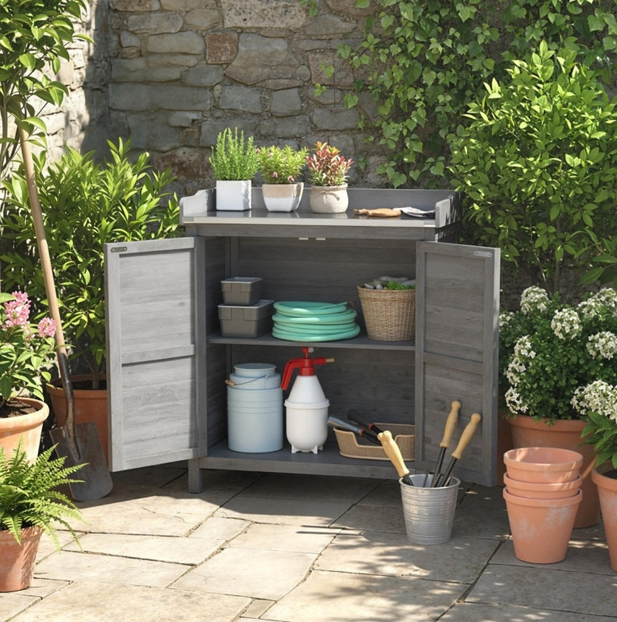 GARTENSCHRANK aus Metall & Holz 40x83x92cm in Grau mit Pflanztisch - Grau, Holz (40/92/83cm) - Modfu