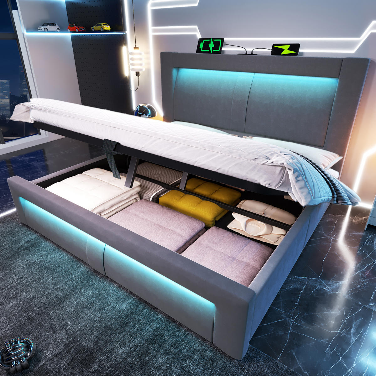 POLSTERBETT 180/200 cm Grau aus Samt mit Stauraum LED und USB-C - Grau, Textil (180/200cm) - OKWISH