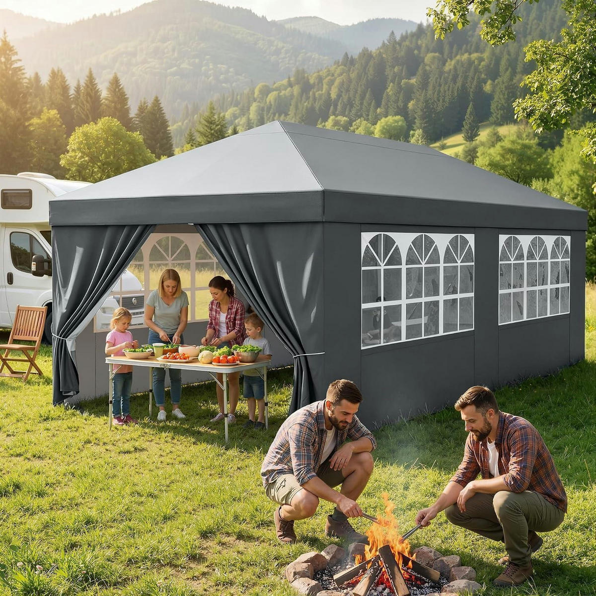 GARTENPAVILLON 3 x 6 m Grau Wasserdicht UV-Schutz 50+ mit 4 Seitenteilen - Grau, Textil (300/265/600cm)