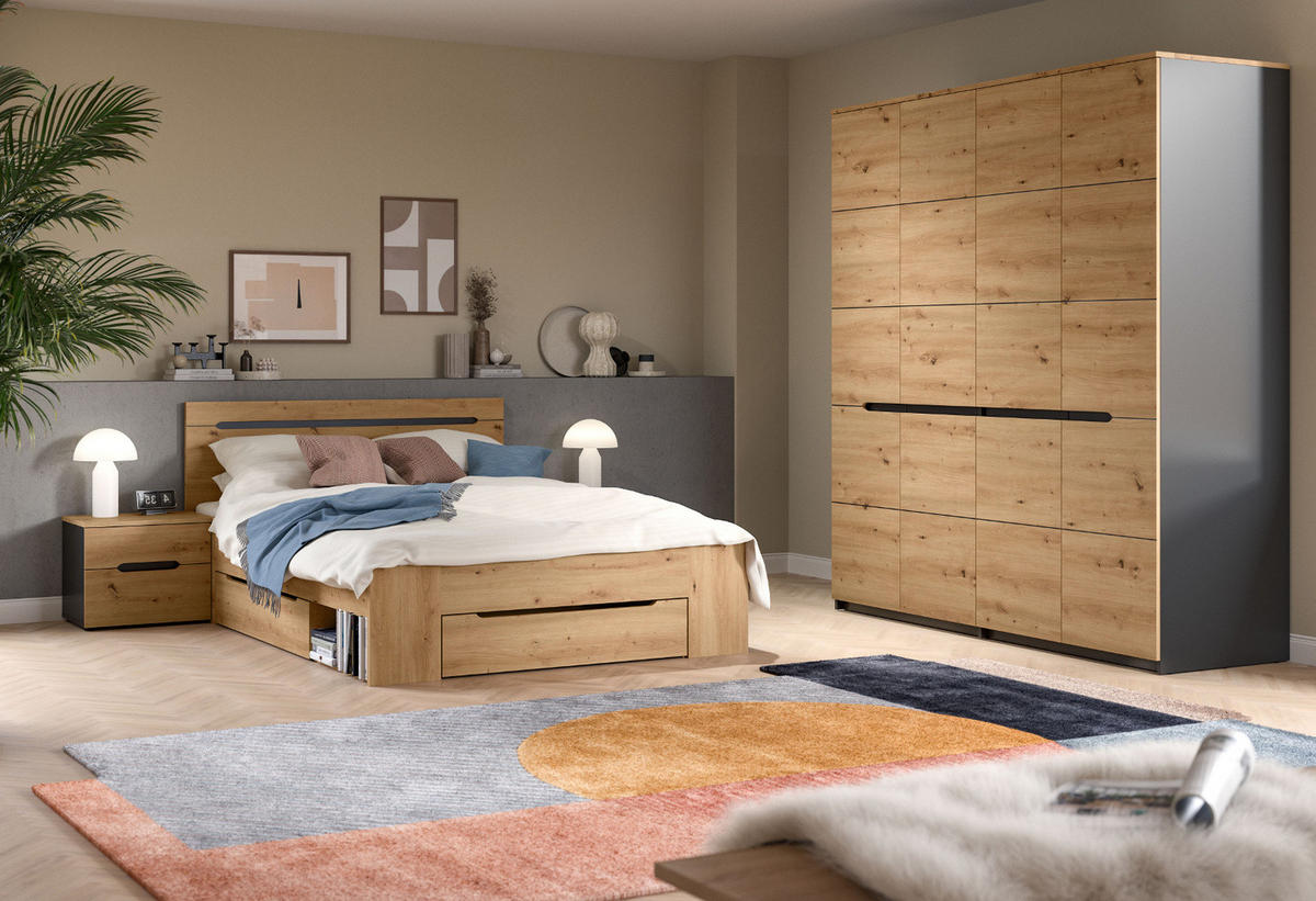 SCHLAFZIMMER Eiche Artisan, grau 4-teilig, Set mit Kleiderschrank, Bett und 2x Nachttisch - Eiche Artisan/Grau, Holzwerkstoff/Metall - Inn.Furn
