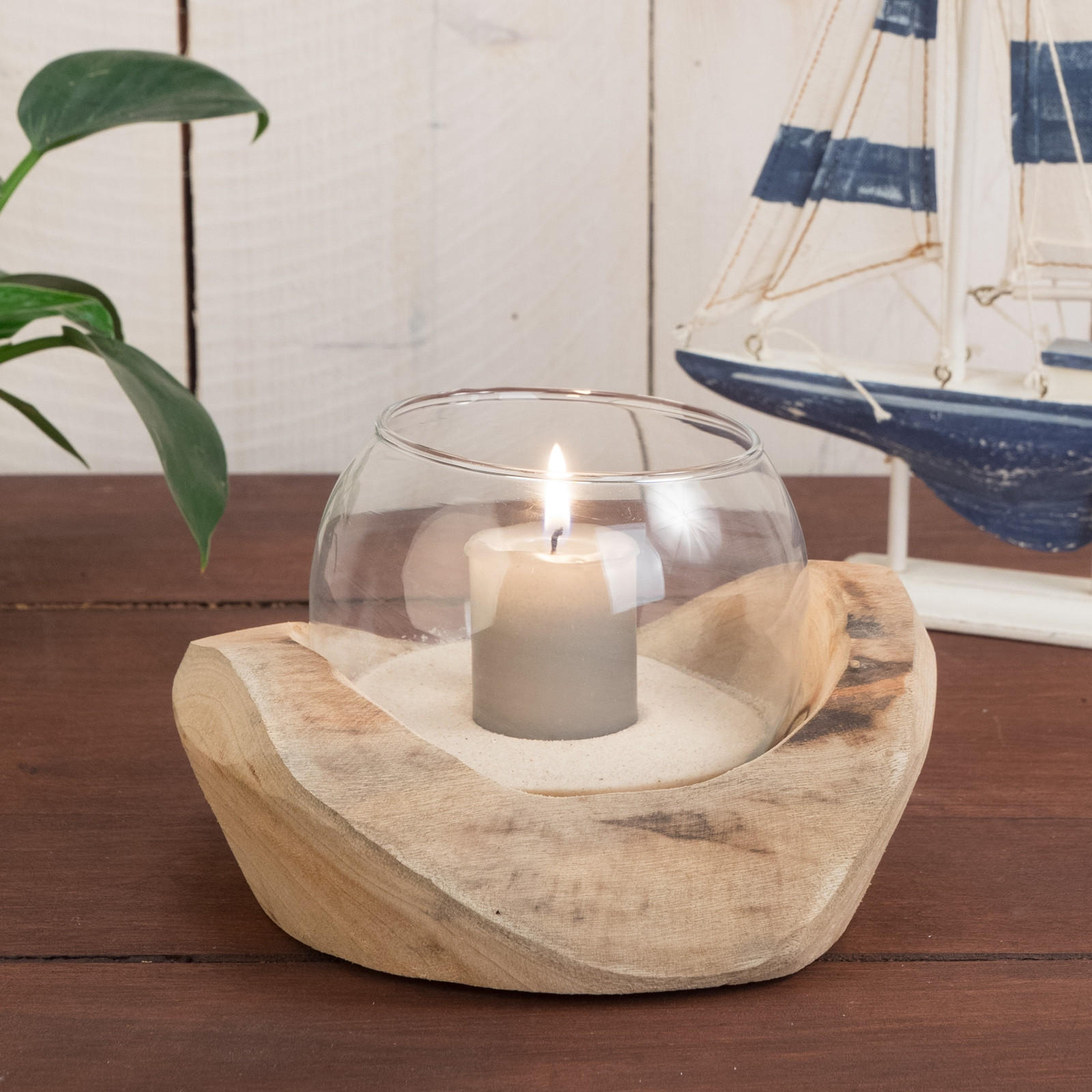 WINDLICHT Nuria 18x11x15 cm, Wurzelholz, mit Glaseinsatz naturfarben - Naturfarben, Holz (18/11/15cm) - CREEDWOOD