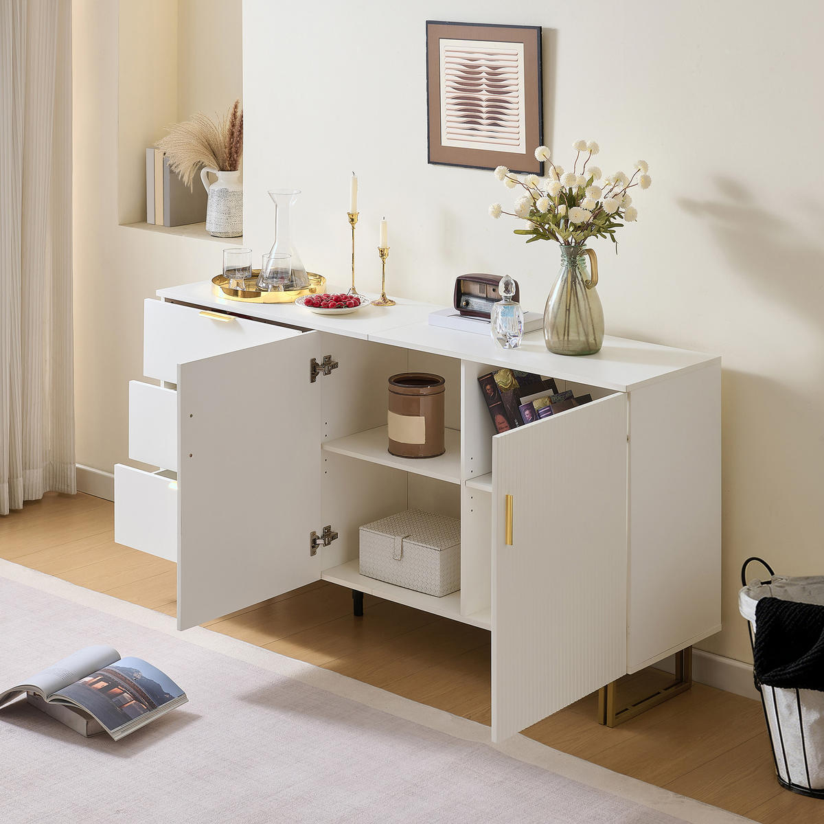 SIDEBOARD DE-37551 160/40/81,5 cm mit 2 Türen und 3 Schubladen Weiß - Weiß, Holzwerkstoff (160/81.5/40cm) - ComfortXL