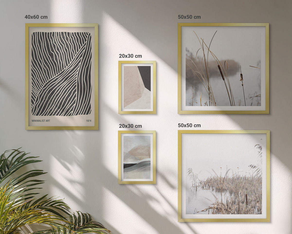 BILDER SET 5er Set - 50x50 cm & 20x30 cm & 40x60 cm Goldrahmen - Abstrakte Boho-Dekorationsmuster - Goldfarben, Kunststoff (40/60cm) - TULUP
