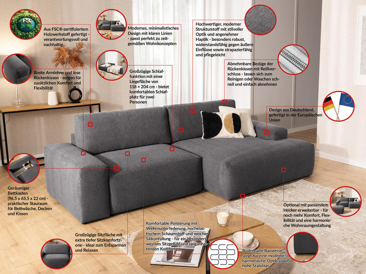 ECKSOFA inkl. Hocker Lennon aus Graphit Strukturstoff mit Schlaffunktion und Bettkasten - Graphitfarben/Schwarz, Holz/Kunststoff (264/137cm) - S-Style