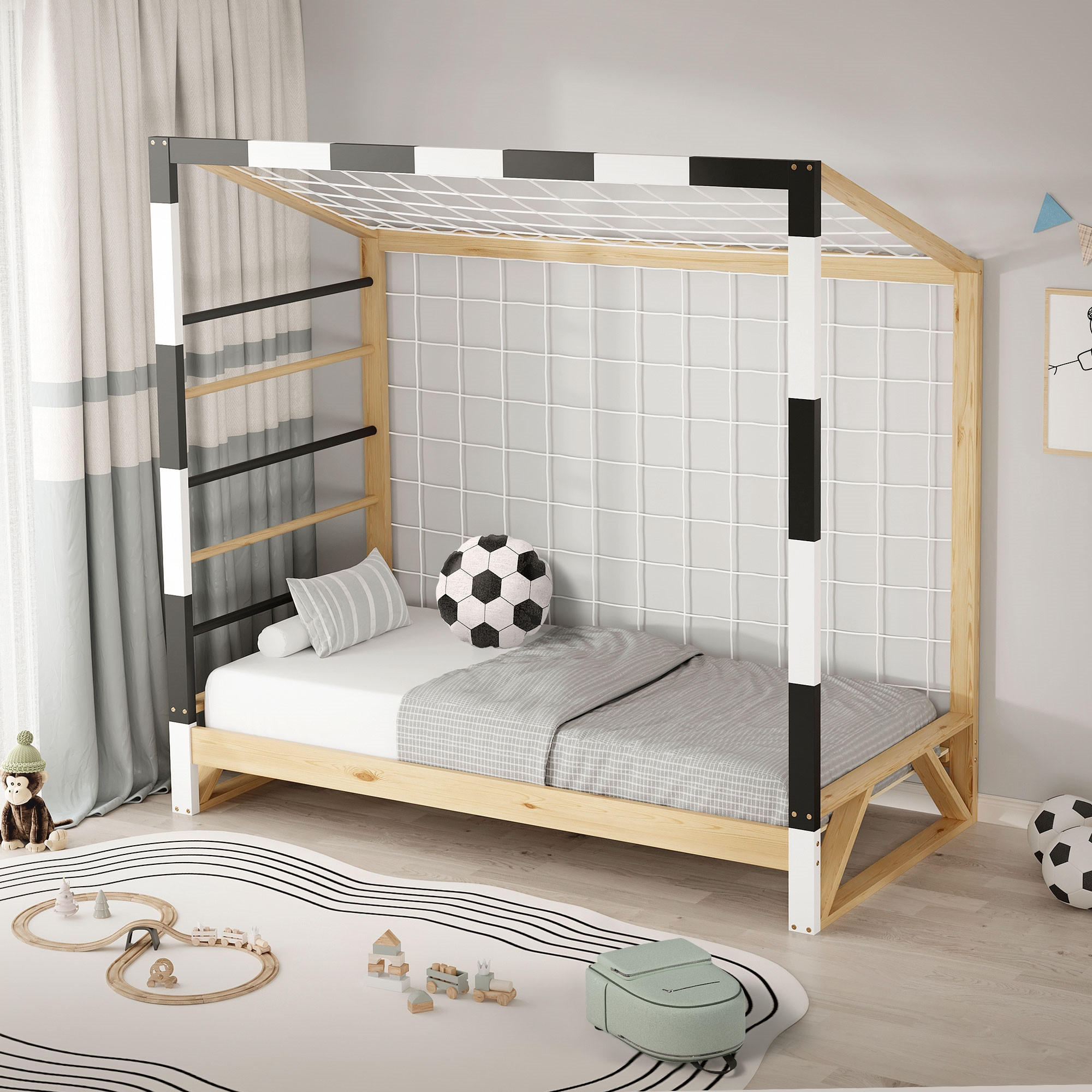 KINDERBETT Fußballtor 80x160 cm Schwarz-Weiß - Hellbraun, Holz (80/170cm) - ML-DESIGN