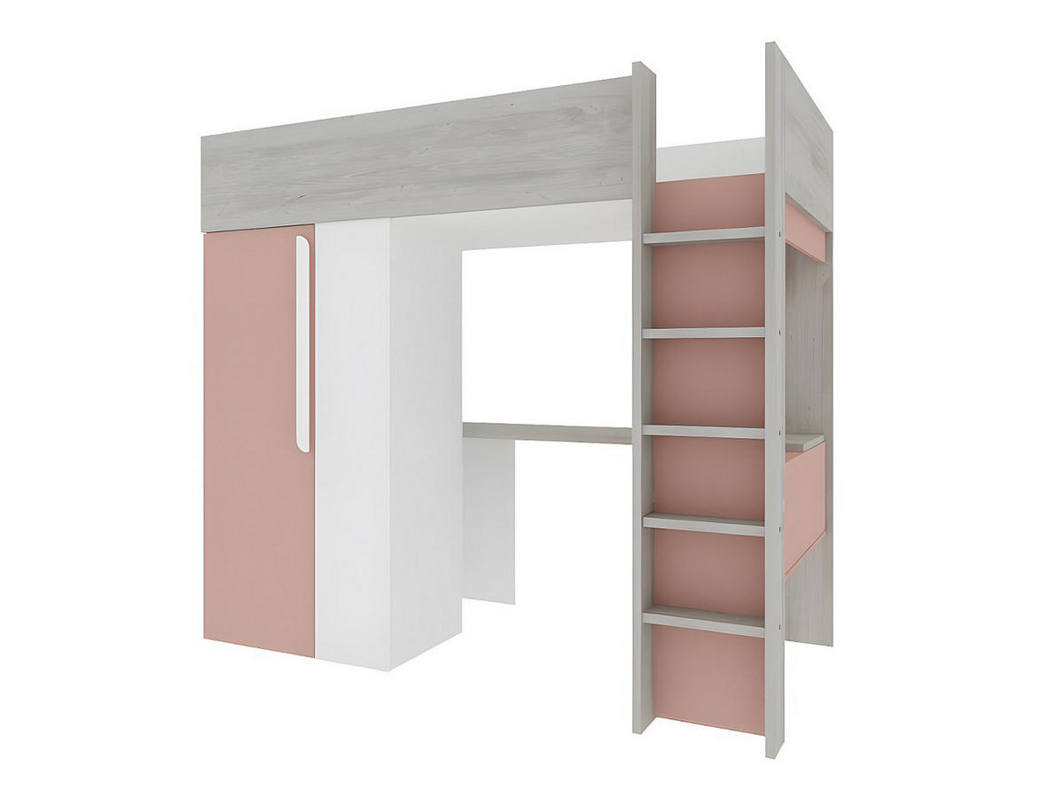 HOCHBETT mit Schreibtisch & Kleiderschrank + Matratze - 90 x 200 cm - Rosa & Weiß - NICOLAS - Pink, Holz (110/205.2cm) - Vente-Unique