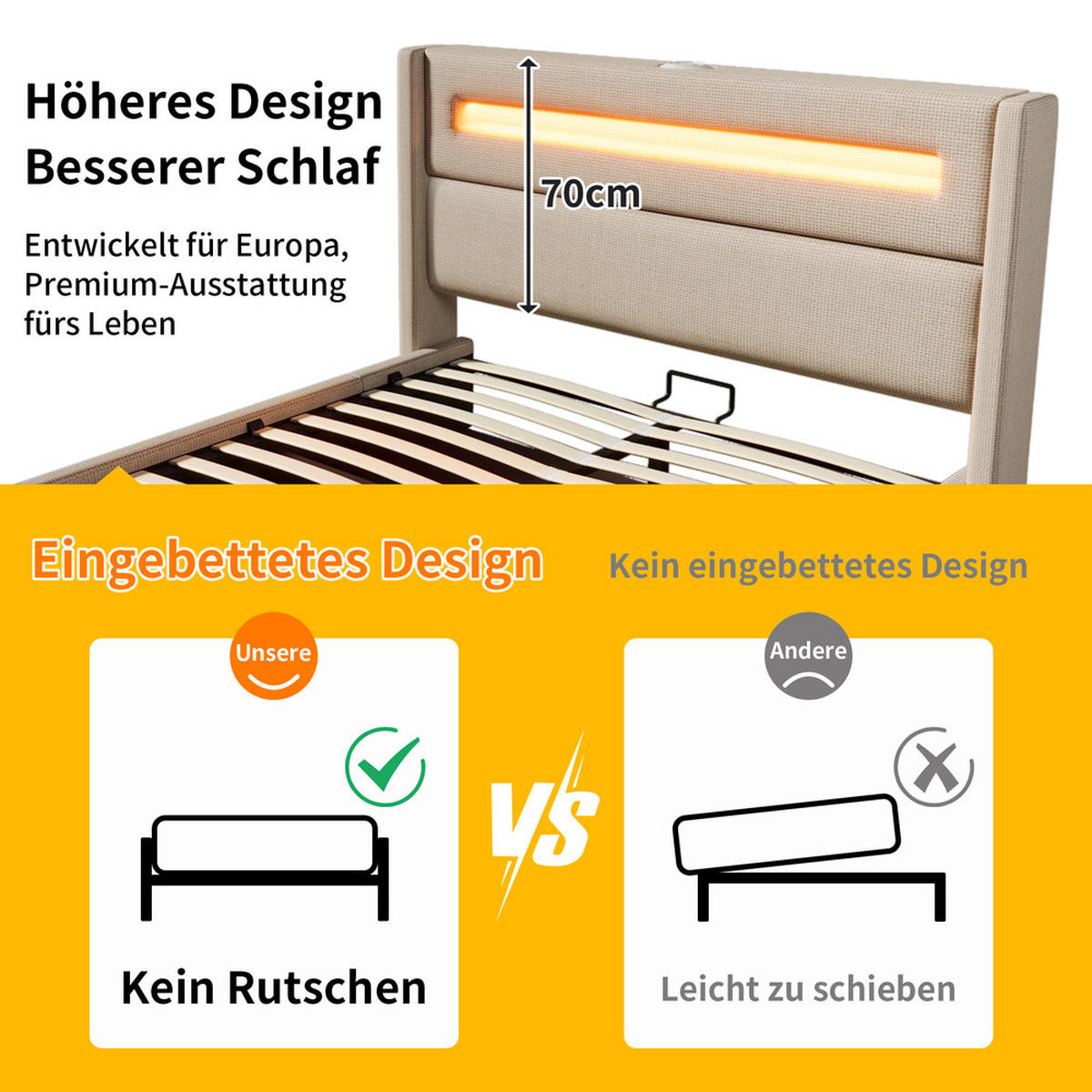 DOPPELBETT 160X200 cm mit LED USB Typ C - Beige, Holz (160/200cm) - FLIEKS