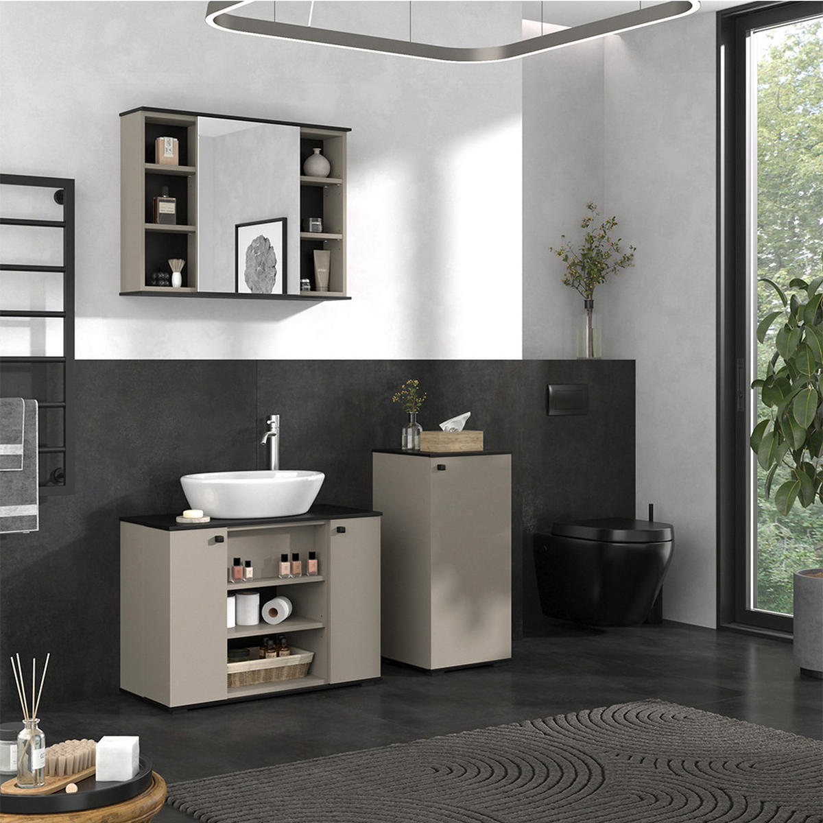 BADMÖBEL-SET Joli Greige 3 Teile, mit Midischrank - Greige/Schwarz, Holzwerkstoff (80/59/37cm) - Vicco