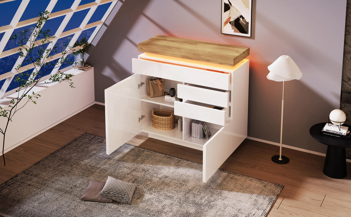 KOMMODE 110/39/115 cm aus Holzwerkstoff mit LED-Beleuchtung Weiß - Weiß, Holzwerkstoff (39/115/110cm) - Modenvie
