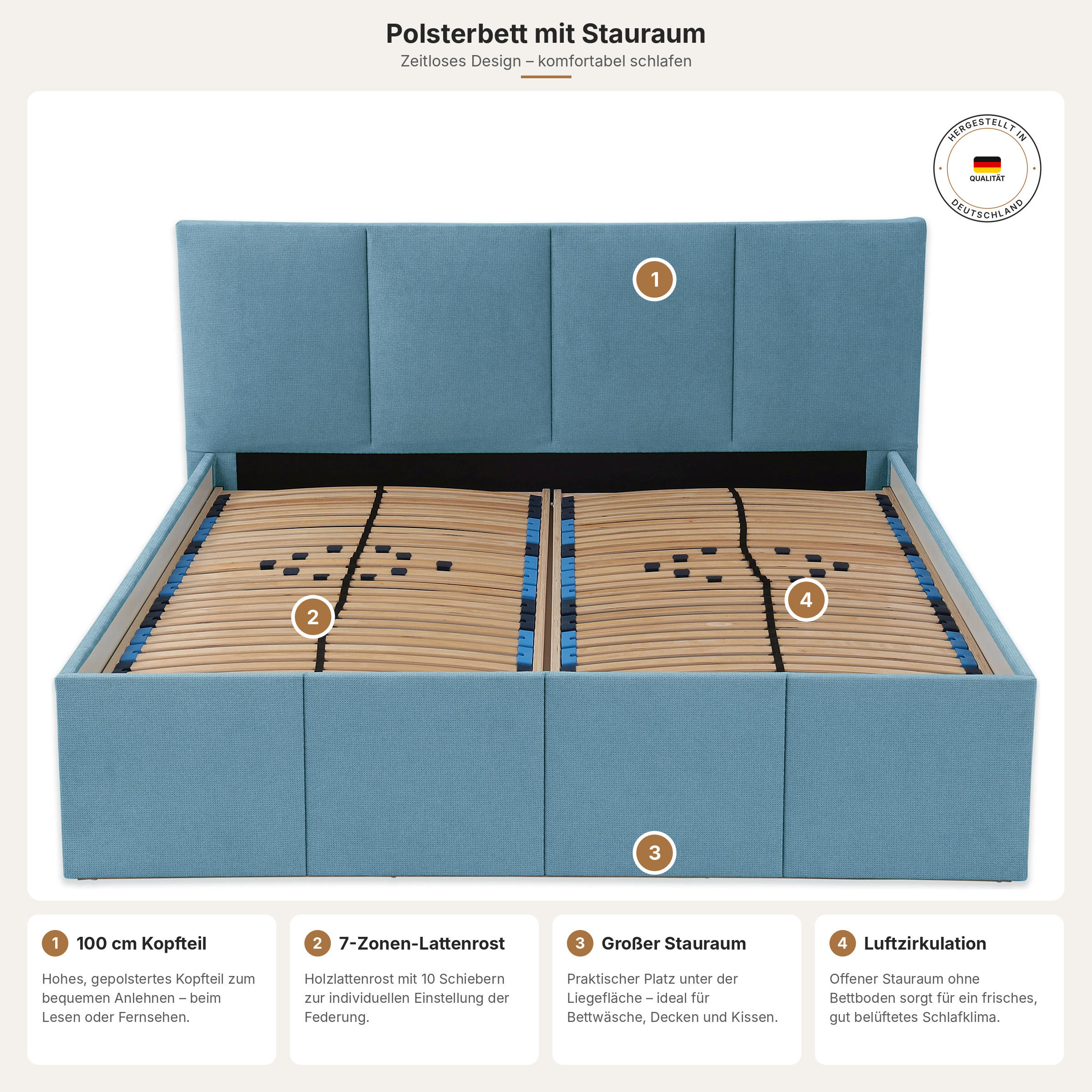 POLSTERBETT Dalas Blau 160 x 200 x 40 cm Stauraum Mit hochwertiger Matratze H2 (bis 100 kg) und Lattenrost - Blau, Holz (160/200cm) - Halmon Schlafkomfort Betten 