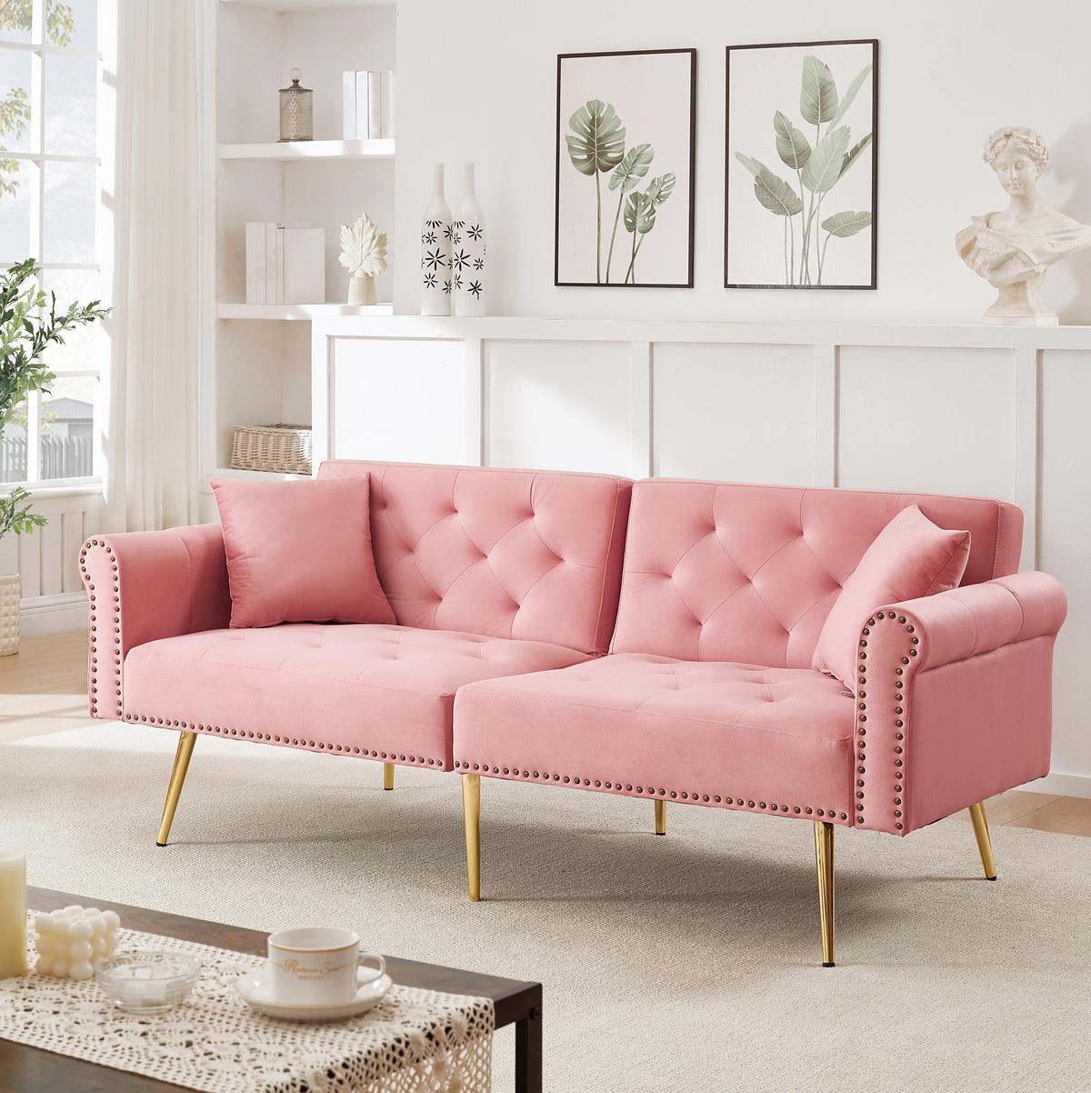 ROZKLÁDACÍ pohovka 147/85 cm růžová z sametu a pěny s nastavitelnými opěrkami - růžová, plast (173/70/75cm) - OKWISH