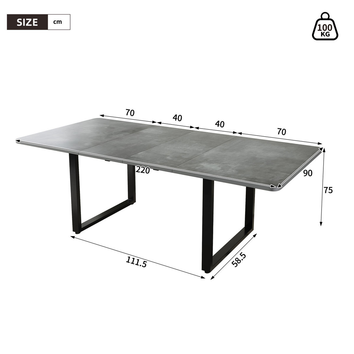 AUSZIEHTISCH 220/90/75 cm Grau Esstisch aus MDF mit 3-stufigem Auszug - Grau, Holzwerkstoff (220/90/75cm) - OKWISH
