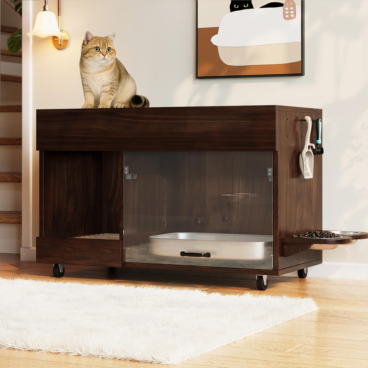 SIDEBOARD Nussbaumfarben aus MDF 100×45,5×67cm als Katzenkloschrank mit Sandablassschale und Futterschalen - Nussbaumfarben, Holzwerkstoff (45.5/67/100cm) - Luhomfu