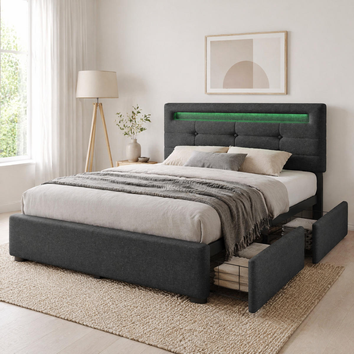 POLSTERBETT 90/200 mit LED und 2 Schubladen in Grau - Grau, Holzwerkstoff/Textil (90/200cm) - EVRYAE