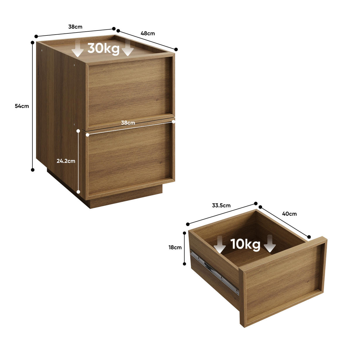 NACHTTISCH 38/48/50 cm mit 2 Schubladen, griffloser Front und viel Stauraum, Eichefarben - Braun, Holzwerkstoff (45/54/38cm) - Redom