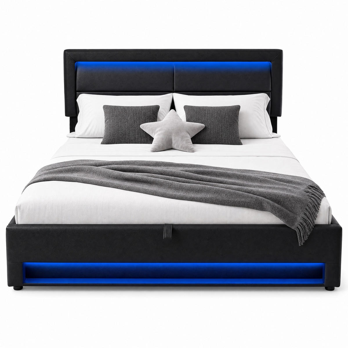 POLSTERBETT 160/200 cm in Schwarz mit USB, LED und Stauraum aus PU - Schwarz, Holzwerkstoff/Textil (160/200cm) - CHICFURN