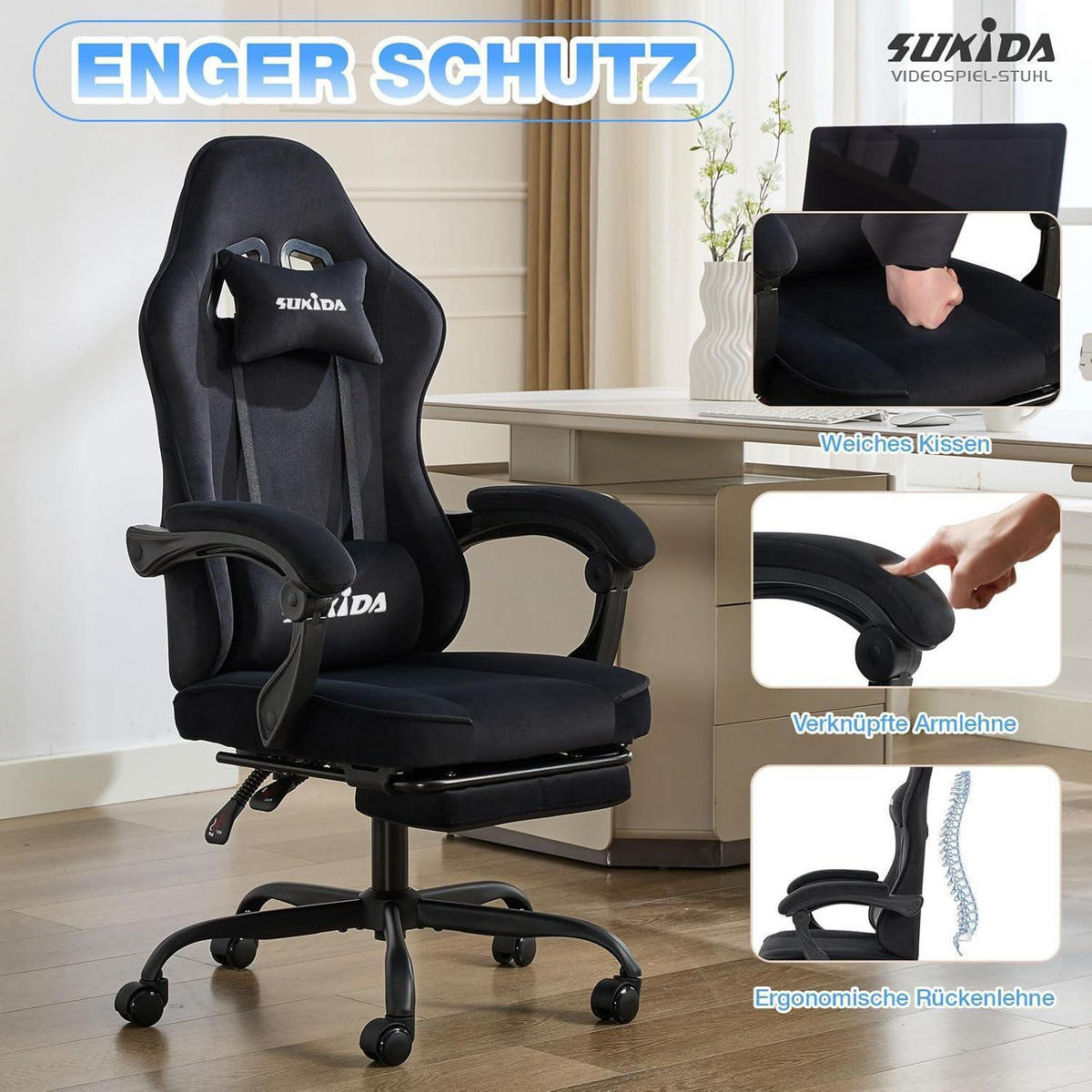 GAMING Stuhl Stoff mit Fußstütze und Lordosenstütze, schwarz - Schwarz, Textil (57/45/52cm)