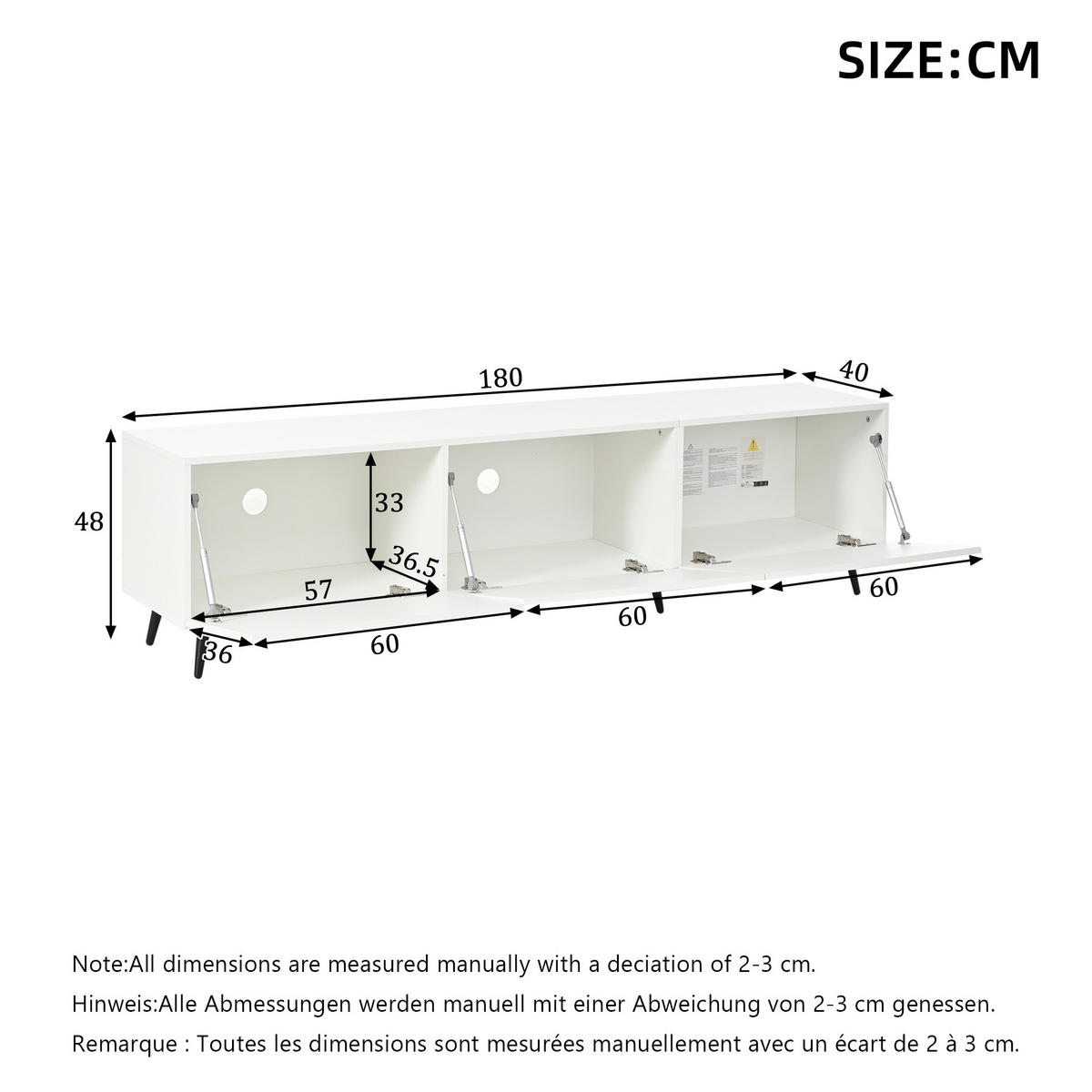 TV-LOWBOARD 180x40x48 cm Weiß MDF 3 Türen Stauraum - Weiß, Holzwerkstoff (40/48/180cm) - FLIEKS