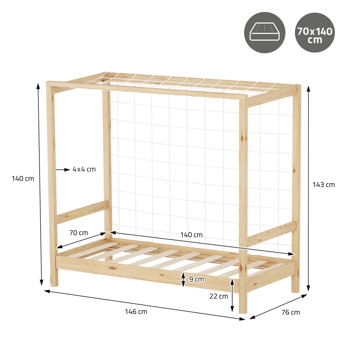 KINDERBETT Fußballtor mit Matratze 70x140 cm Natur Kiefernholz - Braun, Holz (70/140cm) - ML-DESIGN