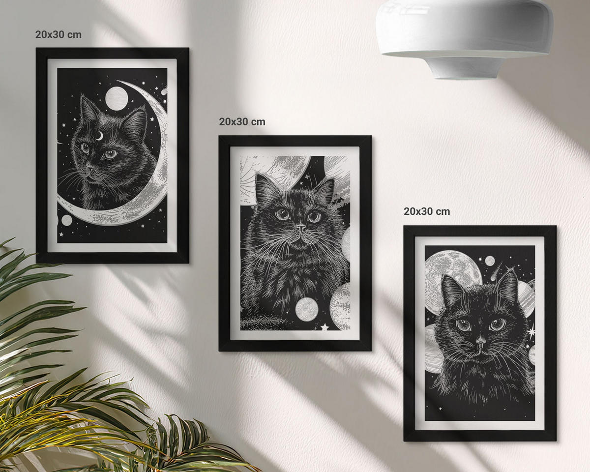 BILDER SET 3er Set - 20x30 cm Schwarzer Rahmen - Schwarze Katzen, Mond, Weltraum - Schwarz, Kunststoff (20/30cm) - TULUP