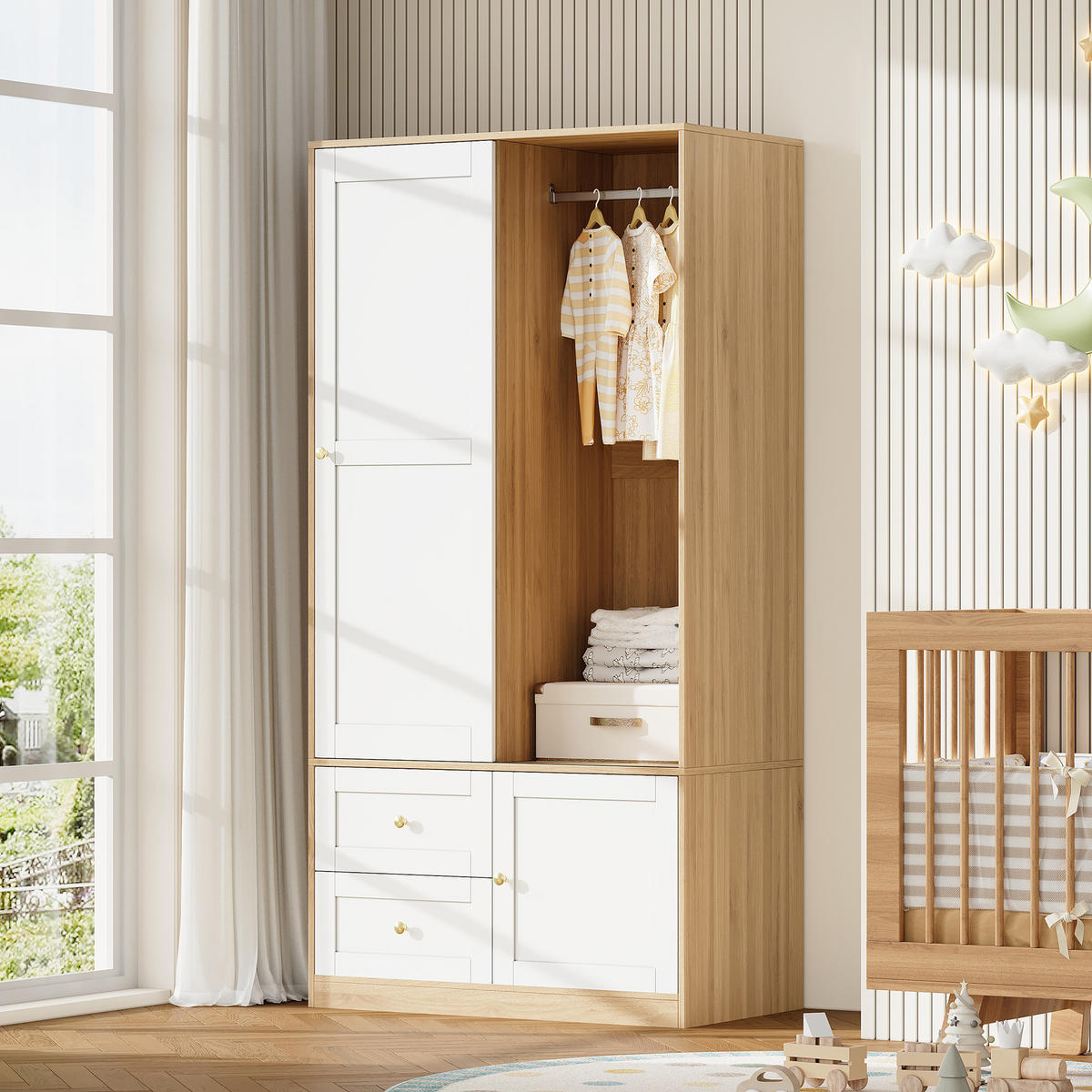 KLEIDERSCHRANK in Weiß und Naturfarben mit Schiebetüren für Schlafzimmer und Flur, B90/T50/H180 cm - Weiß/Naturfarben, Holzwerkstoff/Metall (90/180/50cm) - STILVORA