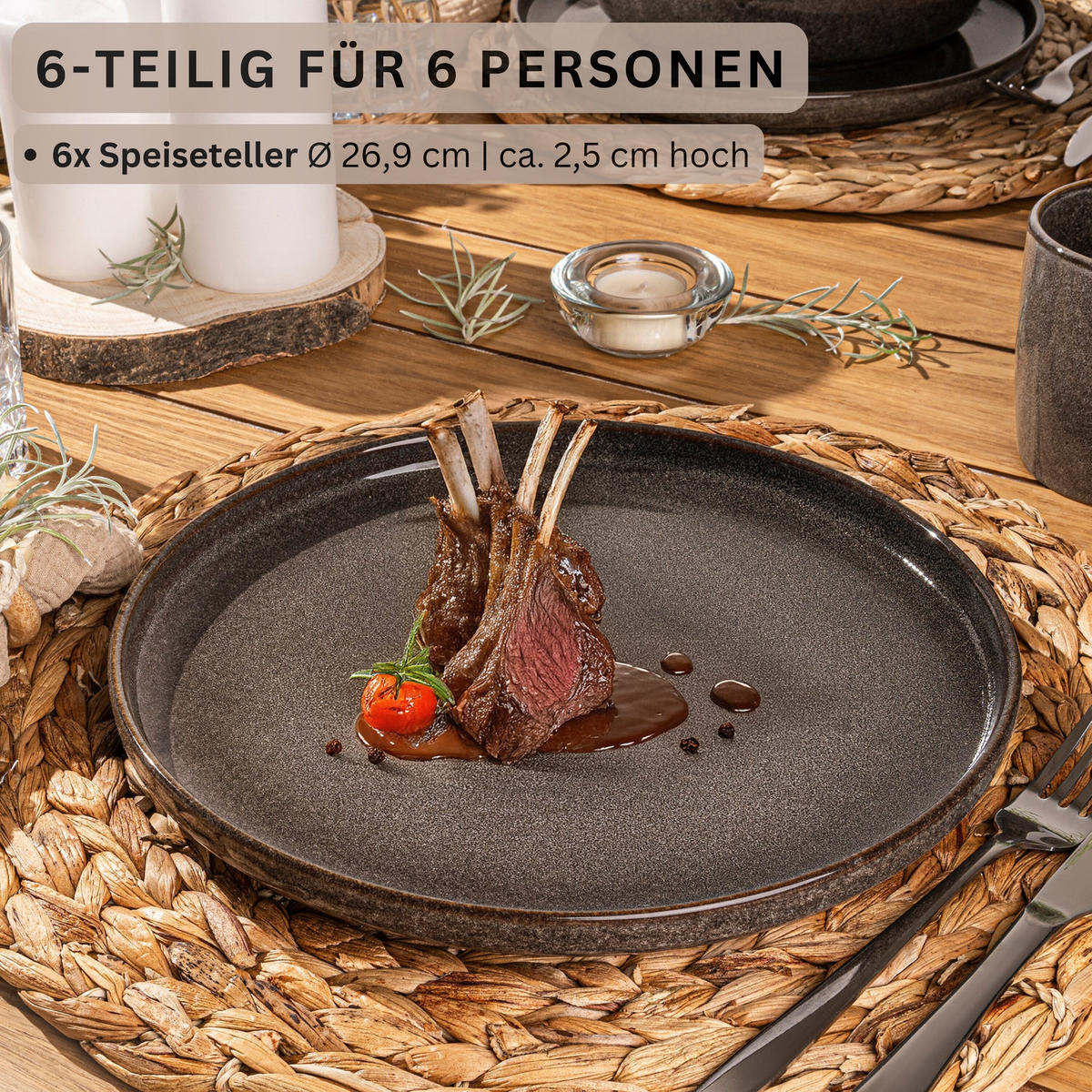 SPEISETELLER SET KAIRO GRAPHIT - 6 teilig aus Steingut - Braun, Keramik (35cm) - Sänger