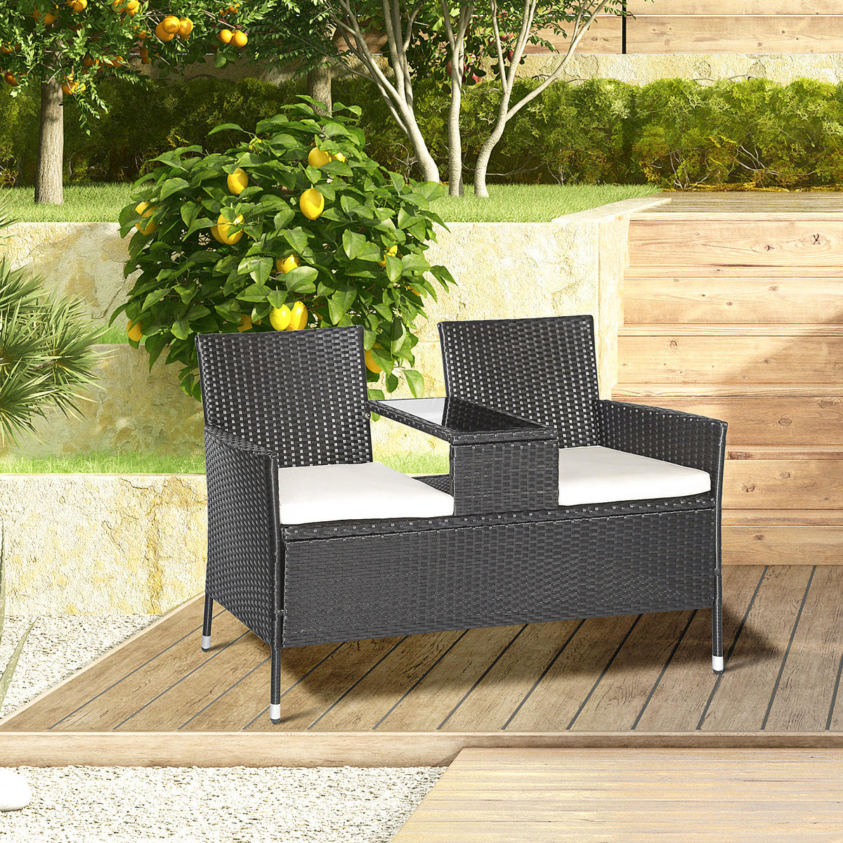 POLYRATTAN Gartenbank mit Tisch 2-Sitzer Stahl Schwarz B133 x T63 x H84cm - Schwarz, Kunststoff (63/84/133cm) - Outsunny