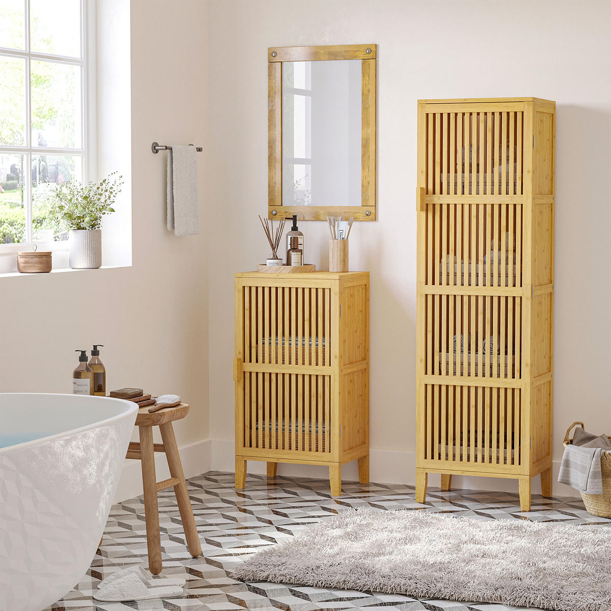 BADREGAL DE-12368 mit lamellentür 40/30/140 cm Naturholz - Naturfarben, Naturmaterialien (30/140/40cm) - ComfortXL