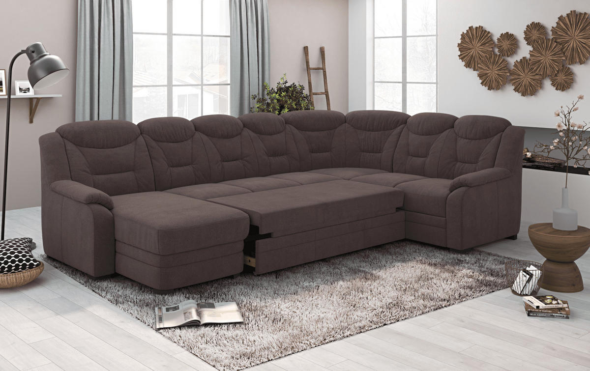 WOHNLANDSCHAFT mit Schlaffunktion und Bettkasten – weiches Chenille-Gewebe - Dunkelbraun/Schwarz, Holz/Kunststoff (211/99/330cm) - Cotta