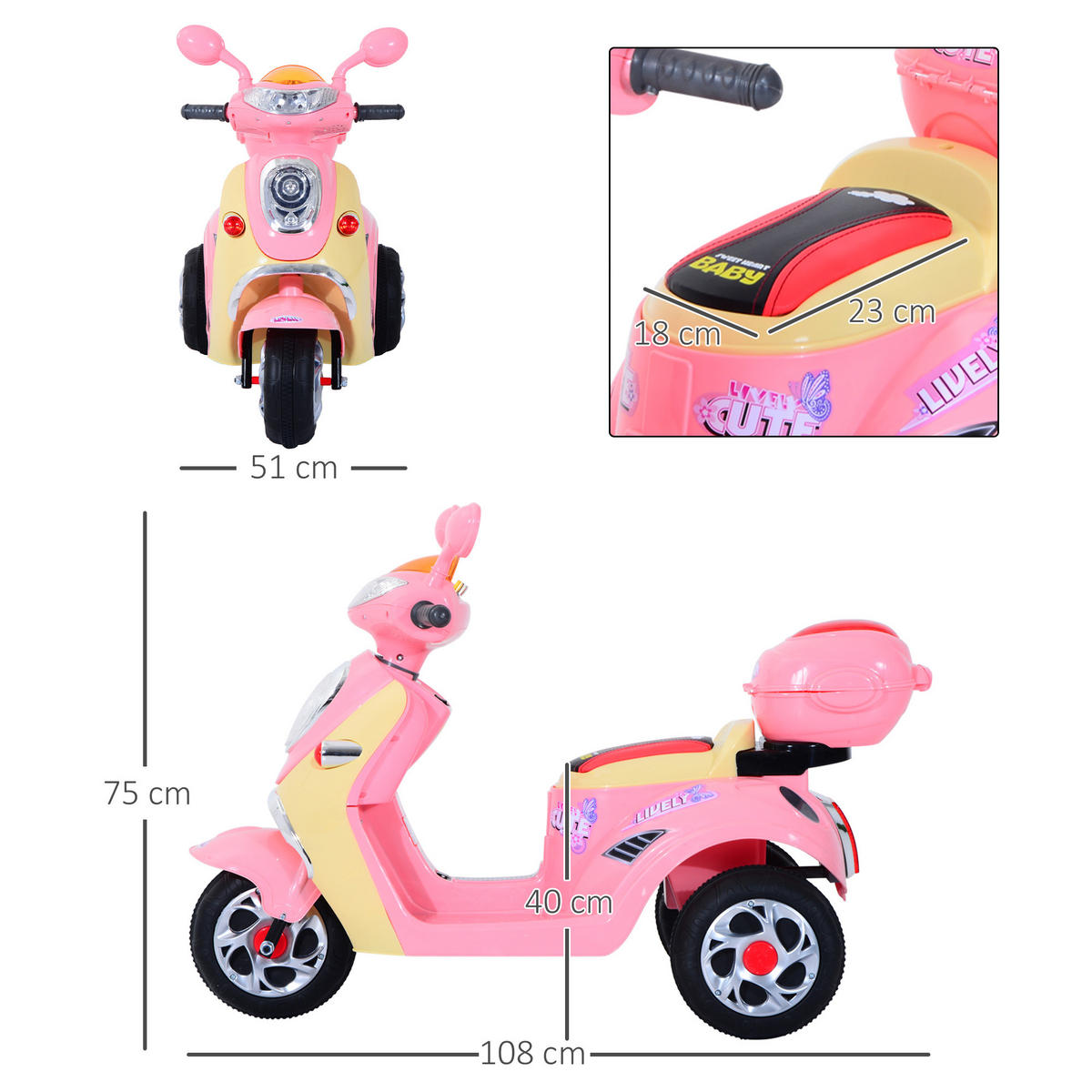ELEKTRO KINDERMOTORRAD, Kindermotorrad/Rosa+Weiß, PP+ Metall - Rosa, Kunststoff (108/51/75cm) - HOMCOM