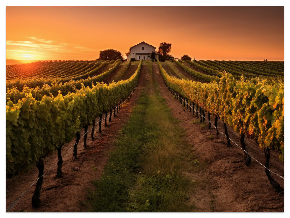 FOTOTAPETE für Esszimmer Weinberg Sonnenuntergang Obstgarten 450x315 - Gelb/Beige, Papier (450/315cm) - Muralo